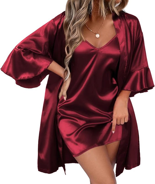 Women's Silk Robe Set V-neck 2 Piece Bridal Party Robes and Satin Bathrobe Set with Pockets