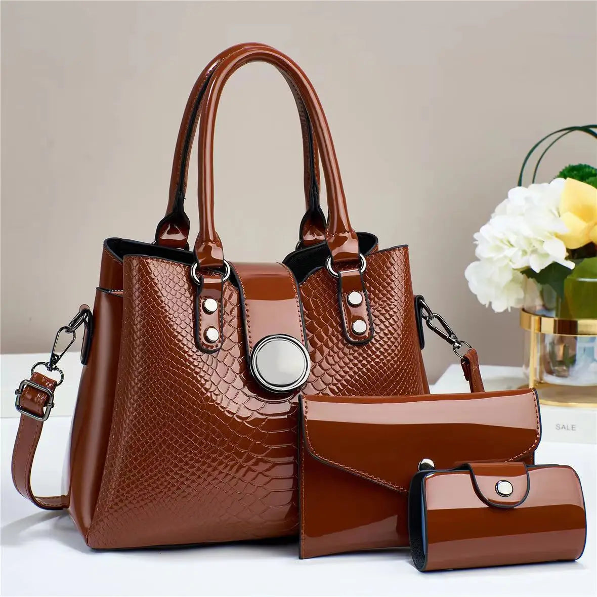 3 Piece Set Luxury Bright Leather Women's Bag Quality Women's Handbag 2024 New Versatile Shoulder Bag Ladies Crossbody Bags