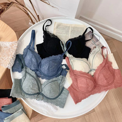 New For Women Blue Green Lingerie Lace Bow Cotton Panties Padded Bras Push Up Bra Sets Underwear A B Sexy