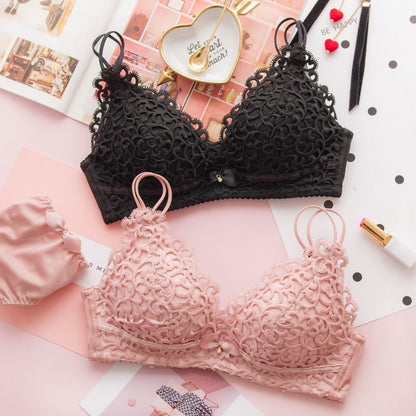 New for Women Pink Red Sexy Lingerie Lace Jacquard Wireless Underwear Bow Cotton Panties Lovely Bra Sets Lingerie A B