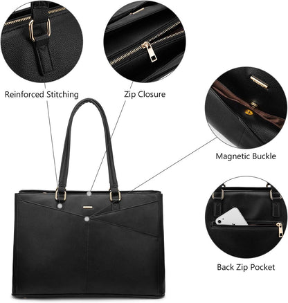 Laptop Tote Bag for Women 15.6 Inch Waterproof Leather Computer Bags Business Office Work Briefcase Black