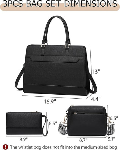 Laptop Bag for Women,3PCS Vegan Leather Tote Bag for Work with 2 Straps,Teacher Purse Office Handbag Computer Briefcase