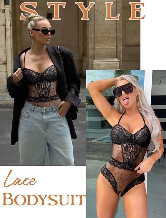 Women  Lingerie Sheer Lace Bodysuit V Neck Teddy Lingerie One Piece Mini Babydoll