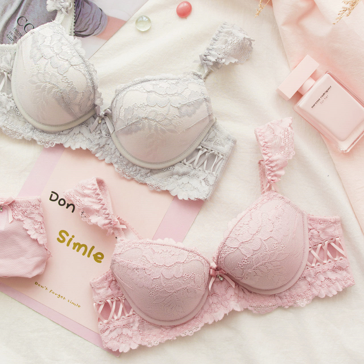 New For Women Pink Gray Push Up Cup B C Bra Sets Cotton Lace Trim Cotton Panties Sexy Lingerie Sets Underwear
