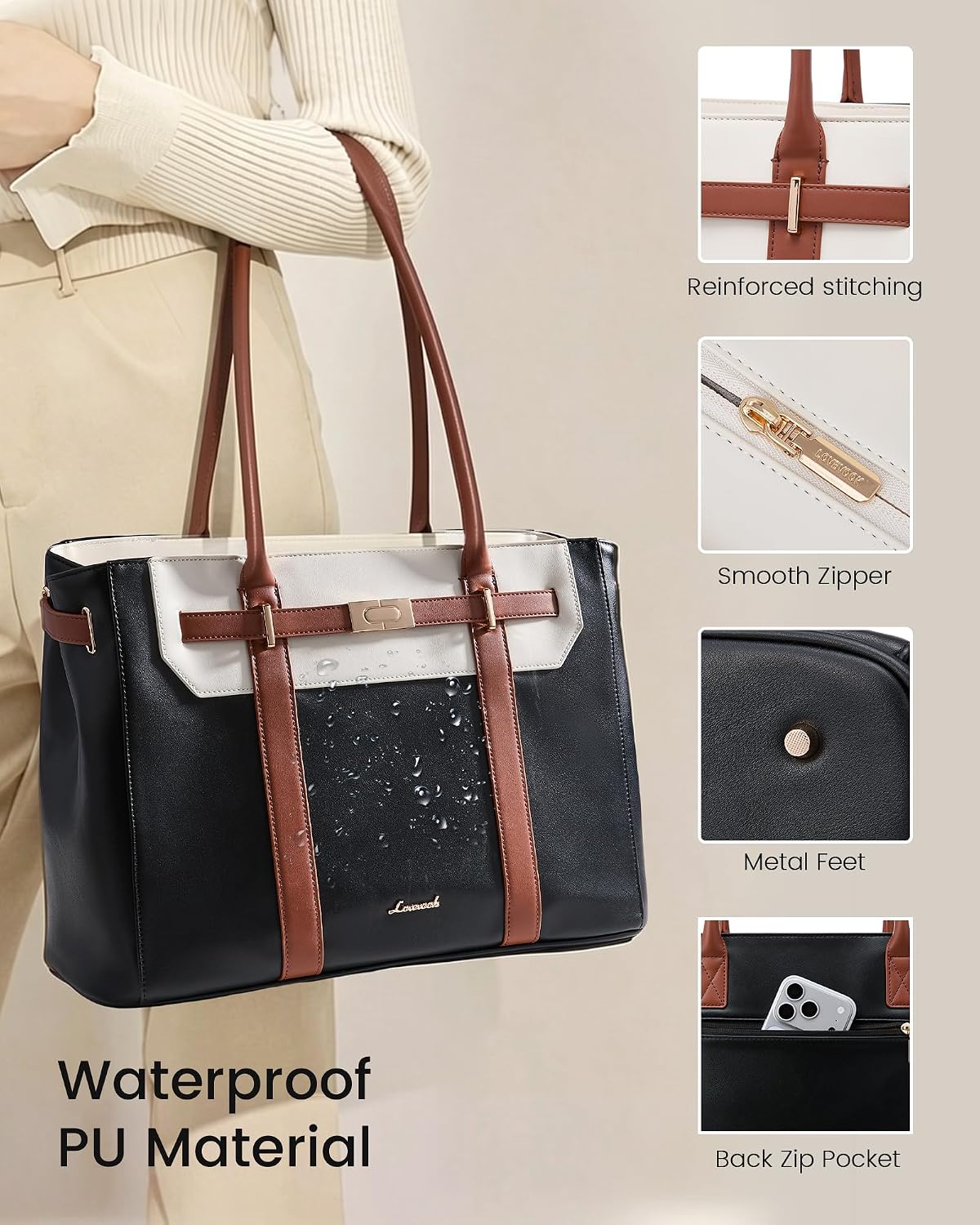 Tote Bag for Women, 2-in-1 Work Teacher Bags with Large Cup Holder, 15.6 Inch Waterproof Leather Computer Handbag Purse for Office, Business