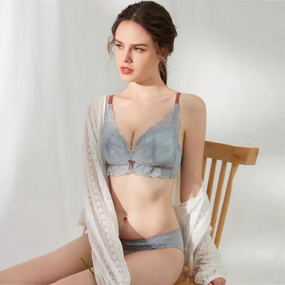 Fashion Women Pink Skin Sexy Lingerie Lace Bralette Invisible Cotton Panties Padded Wireless Bra Sets Lingerie A B