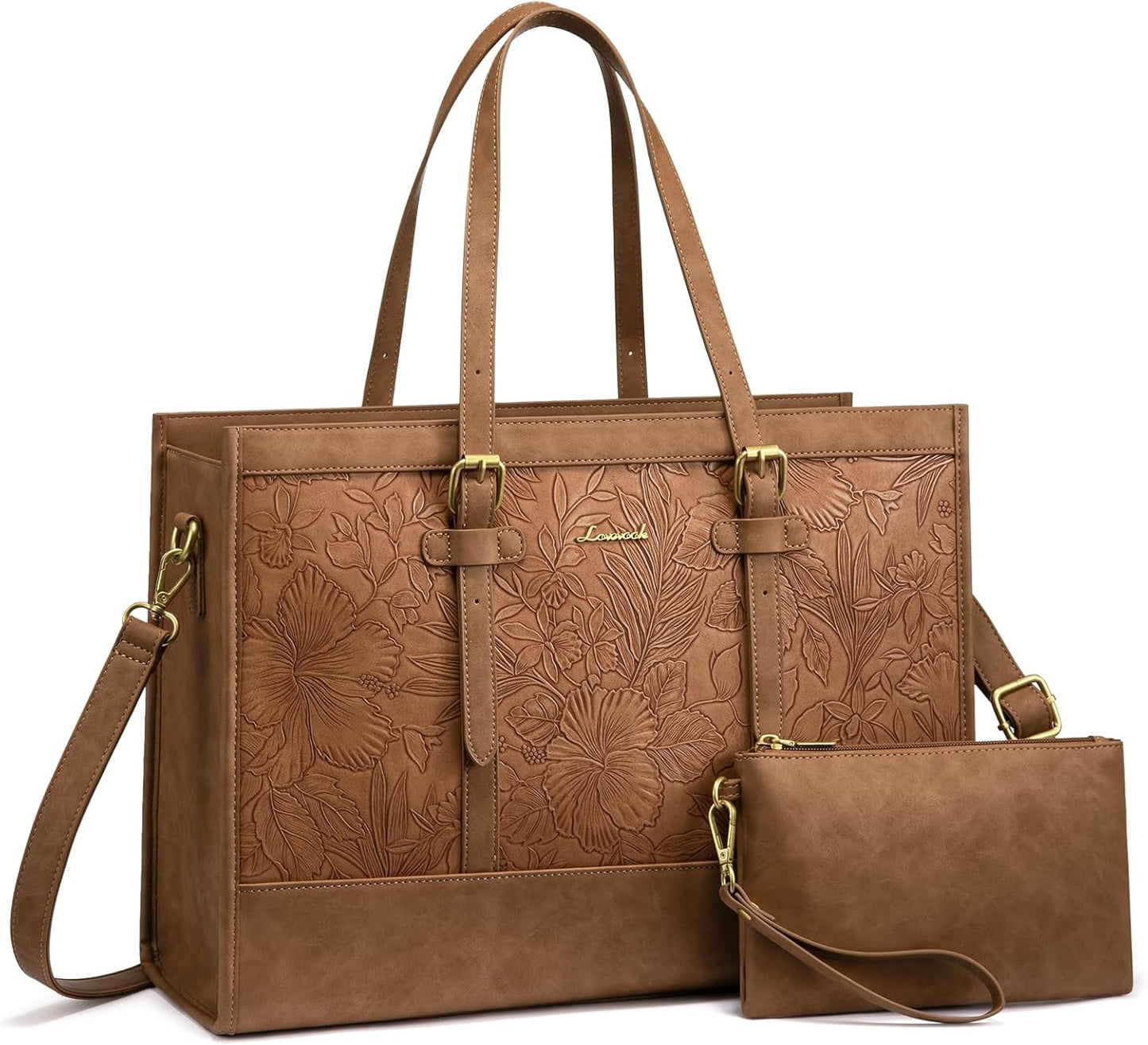 Tote Bag for Women,15.6 Inch Vintage Laptop Bag with Clutch Purse, Large Capacity Leather Work Bag, Computer Bag Office Business Briefcase, Casual Handbag for Travel College Teacher
