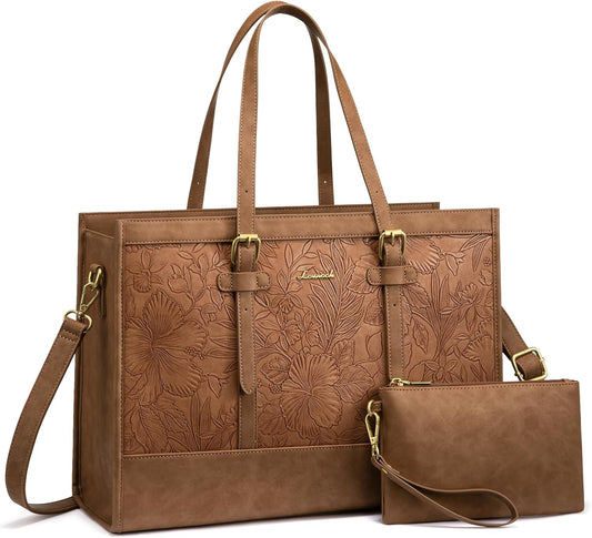 Tote Bag for Women,15.6 Inch Vintage Laptop Bag with Clutch Purse, Large Capacity Leather Work Bag, Computer Bag Office Business Briefcase, Casual Handbag for Travel College Teacher