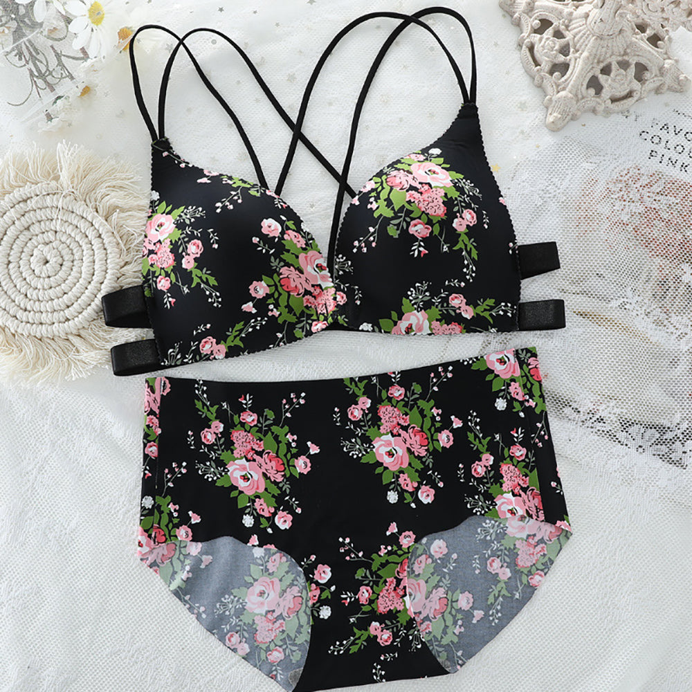 Push Up Bras Sexy Cross Beauty Back Lingerie Set Wire Free Thin Seamless Bra Set Front Buckle Underwear Women Wing Pad Bralette