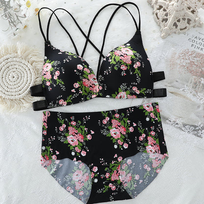 Push Up Bras Sexy Cross Beauty Back Lingerie Set Wire Free Thin Seamless Bra Set Front Buckle Underwear Women Wing Pad Bralette