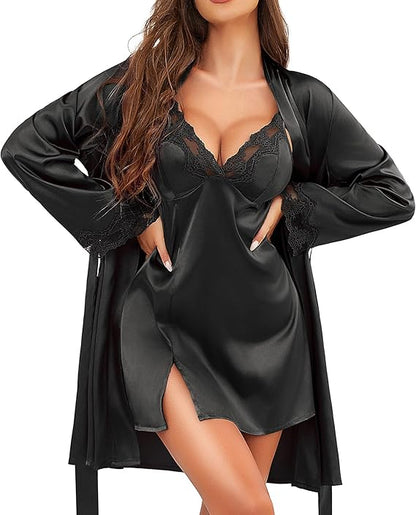Women’s Satin Sleepwear Set – 2 Piece Lace Cami Nightgown and Long Sleeve Robe  Silk Pajamas Lingerie for Women