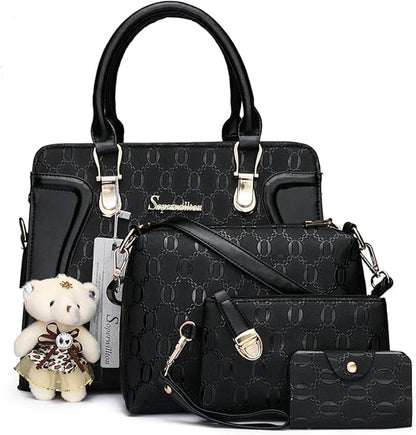 Women's Fashion Handbag Tote Bag Shoulder Top Handle Satchel Purse Set 4pcs  Stylish Style,Chain Texture Design,Ample Space,Bear Doll Decoration,with a Crossbody Strap