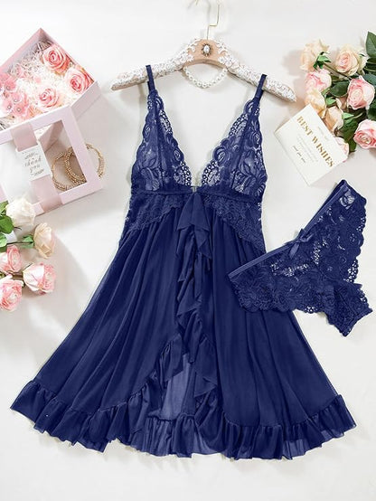 Open Front V Neck Ruffle Sheer Mesh Lace Wireless Babydoll Lingerie Dress with 2 Piece (Navy Blue)