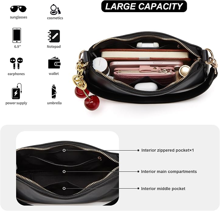 Black Shoulder Bag for Women Cute Hobo Cherry Purse Retro Clutch Underarm Handbag with Removable Straps