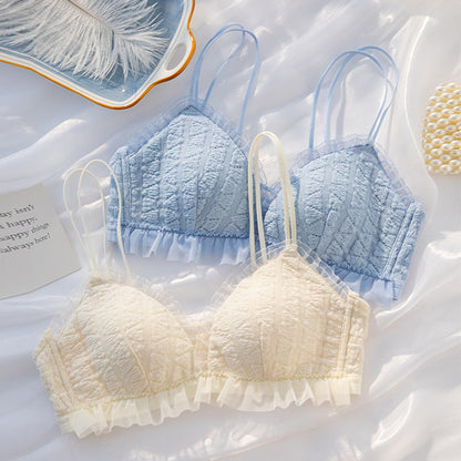 For Women Blue Red Lace Mesh Bra Sets Straps Bralette Cotton Panties Wireless Underwear Lingerie Cup A B