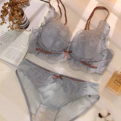 Fashion Women Pink Skin Sexy Lingerie Lace Bralette Invisible Cotton Panties Padded Wireless Bra Sets Lingerie A B