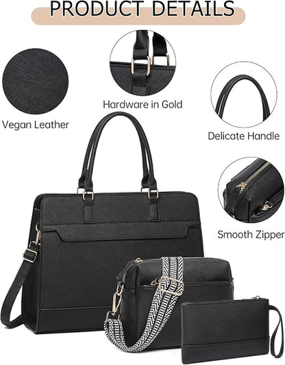 Laptop Bag for Women,3PCS Vegan Leather Tote Bag for Work with 2 Straps,Teacher Purse Office Handbag Computer Briefcase