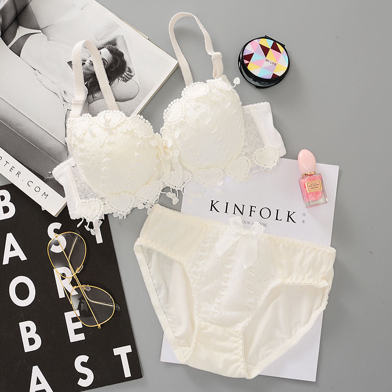 Students Girls Sweet Candy Color Underwear Set Women Korean Graceful Lace Heart Padded Push Up Bras Underpants Suit Lingerie Set