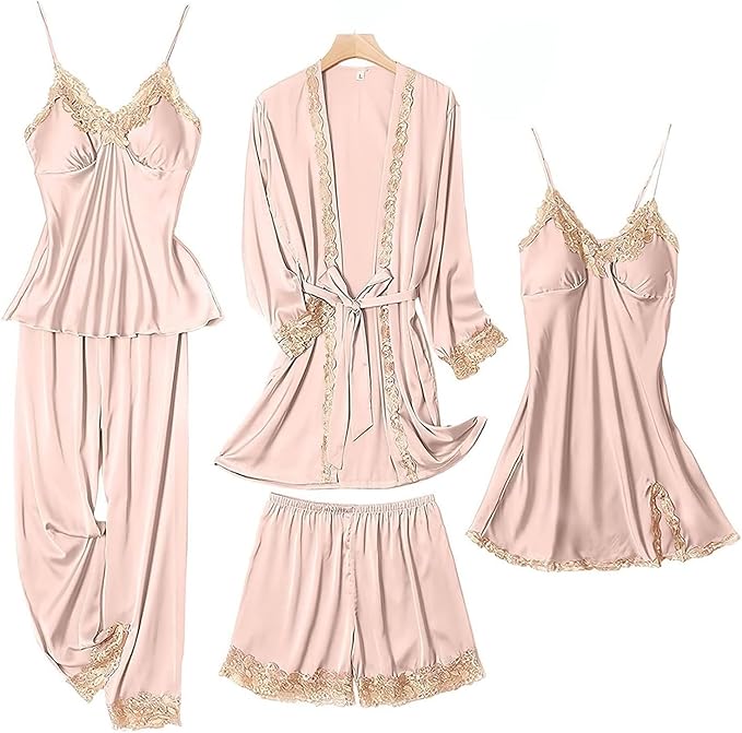 Womens Pajama Sets 5PCS Silk Pajamas for women Cute Sleepwear Loungewear Satin Pajamas Sets for Women Soft