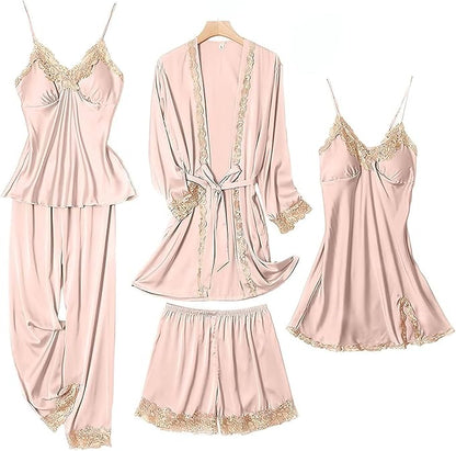 Womens Pajama Sets 5PCS Silk Pajamas for women Cute Sleepwear Loungewear Satin Pajamas Sets for Women Soft