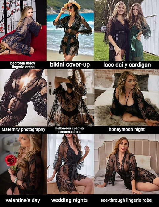Women Lingerie Lace Babydoll Chemise  Mesh Nightdress V Neck Nightwear Side Split Nightgown