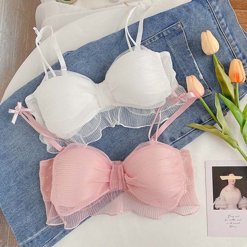 for Women Pink Padded Bra Sets Wireless Lace Trim Cotton Panties Underwear Underwear Japanese A B Sexy Lingerie Set