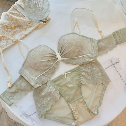 For Women Red Skin Sexy Lingerie Bralette Bow Lace Cotton Panties Wireless Bra Sets Underwear A B Female Bras
