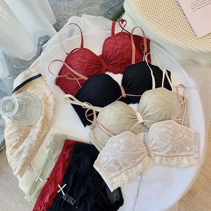 For Women Red Skin Sexy Lingerie Bralette Bow Lace Cotton Panties Wireless Bra Sets Underwear A B Female Bras