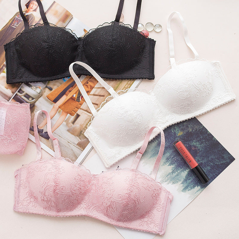 New For Women Pink Sexy Lingerie Lace Embroidery Half Cup Bralette Cotton Panties Wireless Bra Sets Underwear