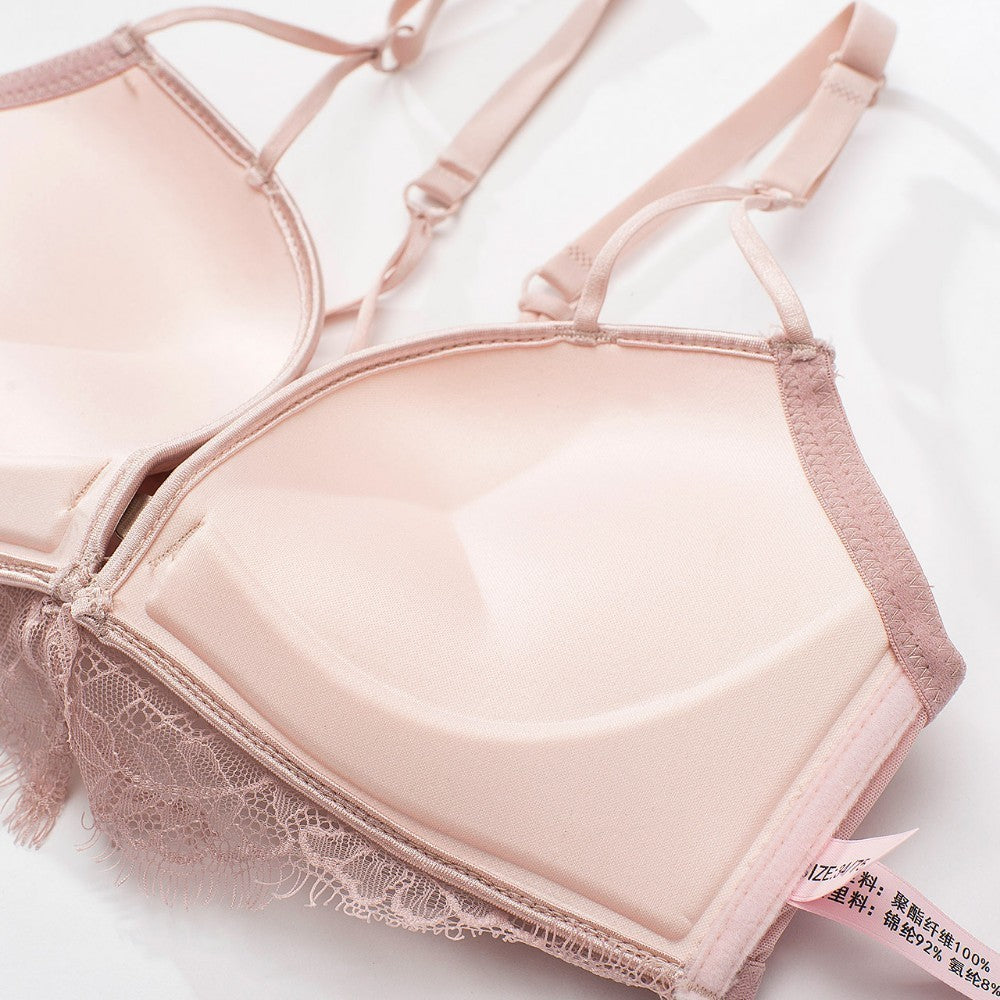 Women Pink Green Sexy Lingerie Sets Cotton Panties Underwear Push Up Bra Sets Cup A B Front Closure Wireless