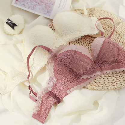 Women Pink Green Lace Trim Bow Padded Bras Bralette Cotton Panties Push Up Sexy Lingerie Sets Underwear A B