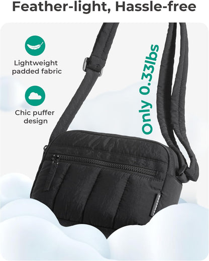 Cross Body Purse, Mini Crossbody Bags for Women Travel Purse, Puffy Shoulder Handbag Wallet with RFID Blocking Slots, Black-small