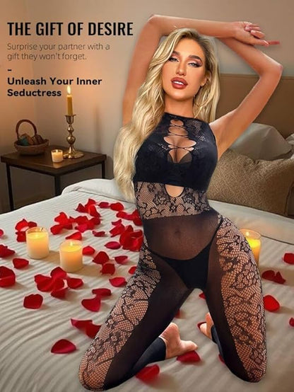 Womens Fishnet Bodystocking Plus Size Crotchless Bodysuit  Tights Soft Nightwear Lingerie (Black)