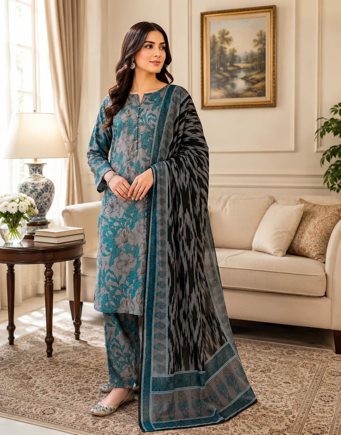 Swiss Lawn Unstitched 3 Piece Suit - A1735