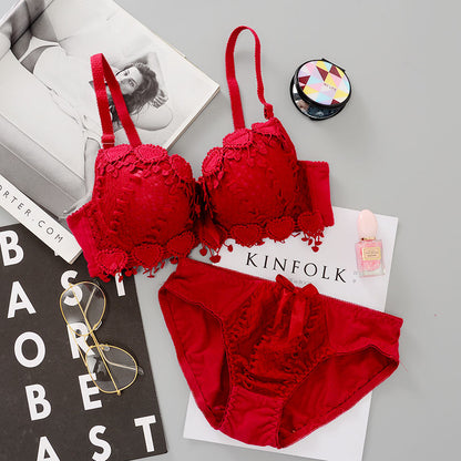 Students Girls Sweet Candy Color Underwear Set Women Korean Graceful Lace Heart Padded Push Up Bras Underpants Suit Lingerie Set