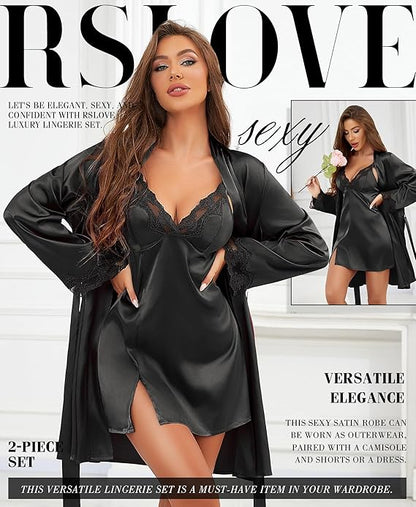Women’s Satin Sleepwear Set – 2 Piece Lace Cami Nightgown and Long Sleeve Robe  Silk Pajamas Lingerie for Women