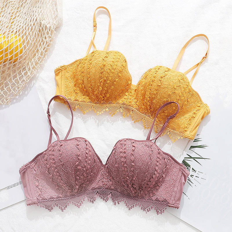 Sexy For Women Purple Yellow Lace Padded Bra Sets Push Up Invisible Wireless Bralette Cup A B Underwear Female