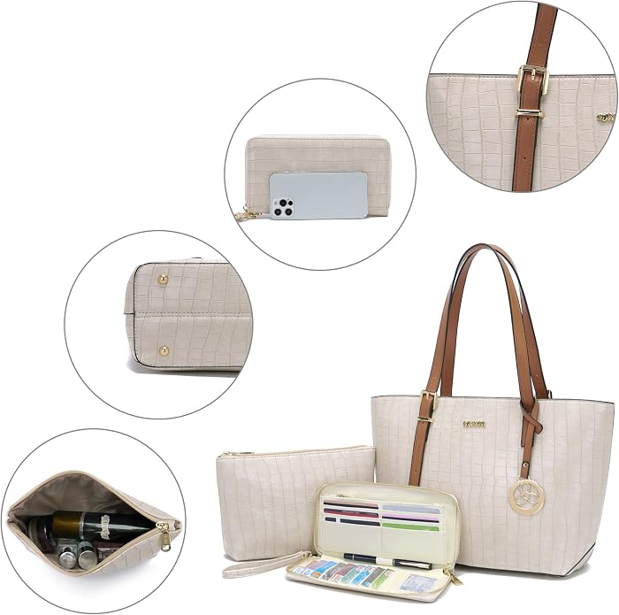 Purses with RFID Wallet for Women Tote Handbag Set  3PCS, Fits 13 Tablet, Sturdy Vegan PU, Spacious, Work Use, Shoulder Satchel, Large Clutch Wallet, Makeup Bag, Ideal Gift