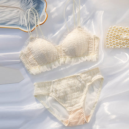 For Women Blue Red Lace Mesh Bra Sets Straps Bralette Cotton Panties Wireless Underwear Lingerie Cup A B