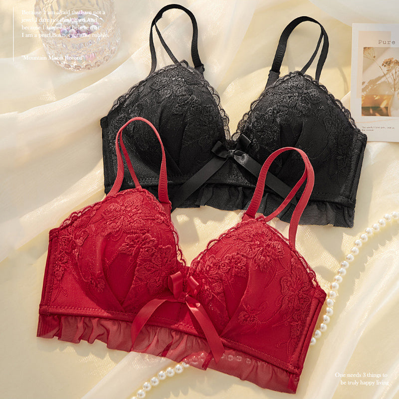 Women Red Sexy Lingerie Sets Wireless Lace Padded Cotton Panties Padded Bras Push Up Bra Sets Underwear A B