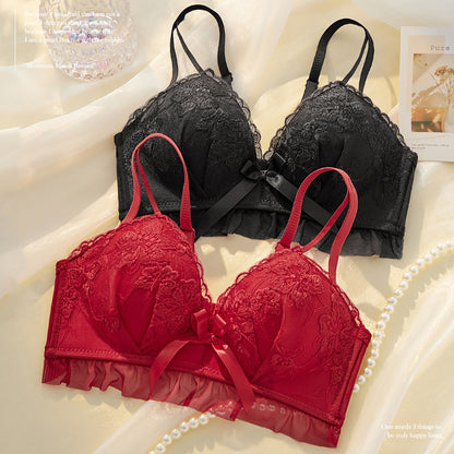 Women Red Sexy Lingerie Sets Wireless Lace Padded Cotton Panties Padded Bras Push Up Bra Sets Underwear A B