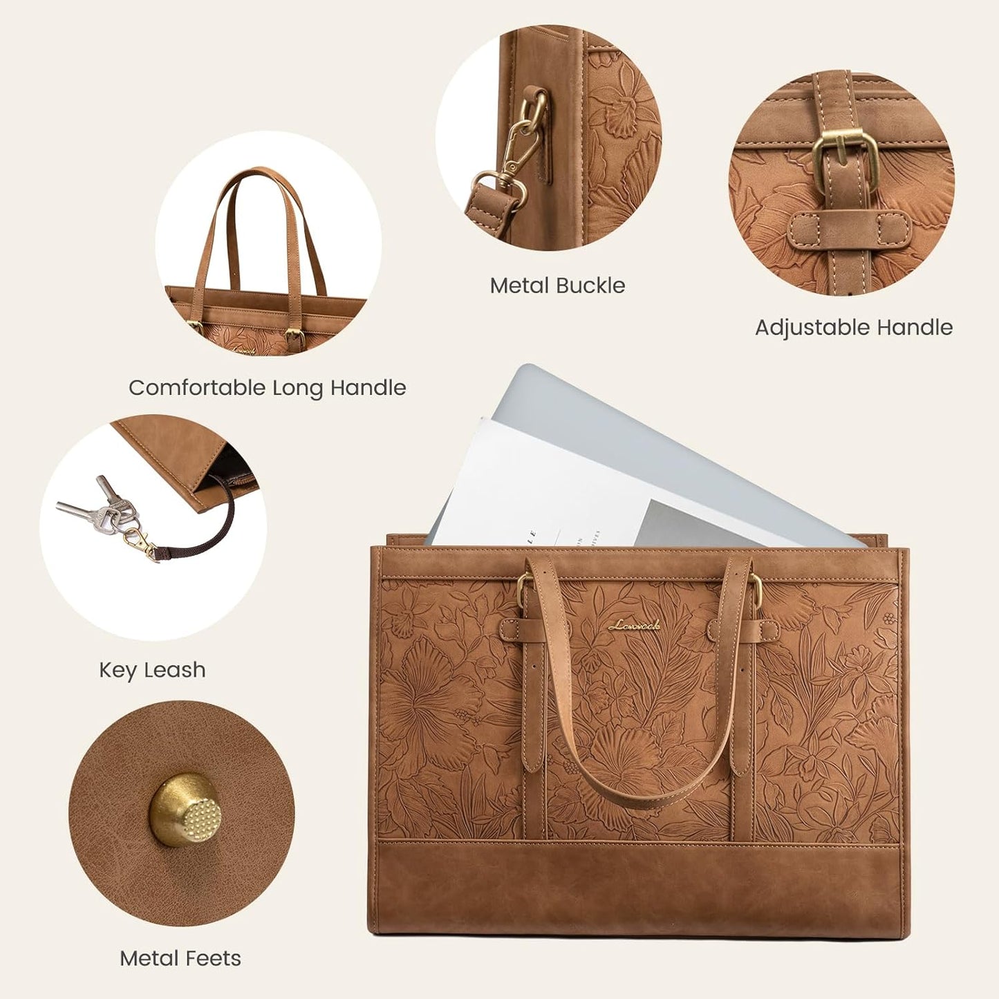 Tote Bag for Women,15.6 Inch Vintage Laptop Bag with Clutch Purse, Large Capacity Leather Work Bag, Computer Bag Office Business Briefcase, Casual Handbag for Travel College Teacher