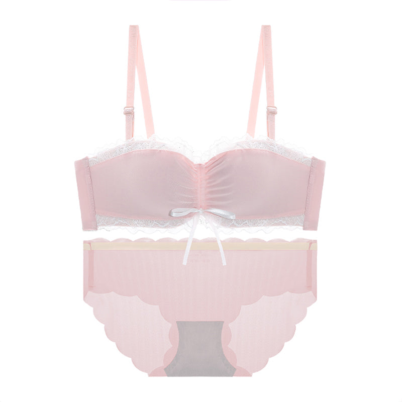 Fashion Women Gray Pink Sexy Lingerie Bow Bralette Cotton Panties Cross Straps Push Up Wireless Bra Sets Underwear