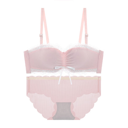 Fashion Women Gray Pink Sexy Lingerie Bow Bralette Cotton Panties Cross Straps Push Up Wireless Bra Sets Underwear