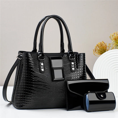 European & American 3 Piece Set Women's Bag Bright Leather Handbag Trend Shoulder Shopping Women's Crossbody Bag Casual Tote Bag