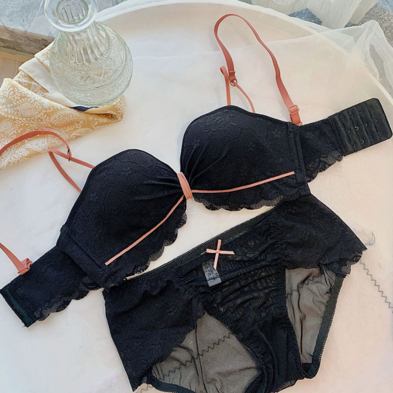 For Women Red Skin Sexy Lingerie Bralette Bow Lace Cotton Panties Wireless Bra Sets Underwear A B Female Bras