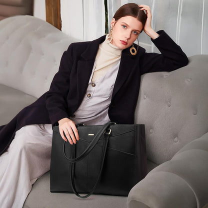 Laptop Tote Bag for Women 15.6 Inch Waterproof Leather Computer Bags Business Office Work Briefcase Black