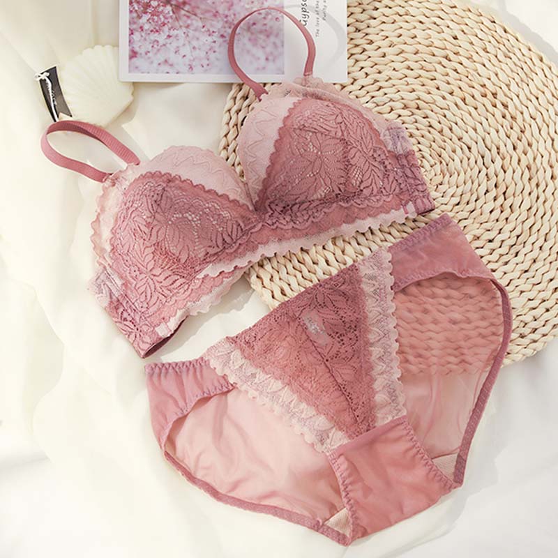 Women Pink Green Lace Trim Bow Padded Bras Bralette Cotton Panties Push Up Sexy Lingerie Sets Underwear A B