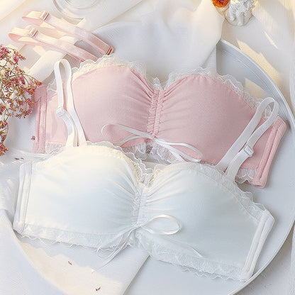 Fashion Women Gray Pink Sexy Lingerie Bow Bralette Cotton Panties Cross Straps Push Up Wireless Bra Sets Underwear