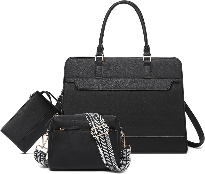 Laptop Bag for Women,3PCS Vegan Leather Tote Bag for Work with 2 Straps,Teacher Purse Office Handbag Computer Briefcase